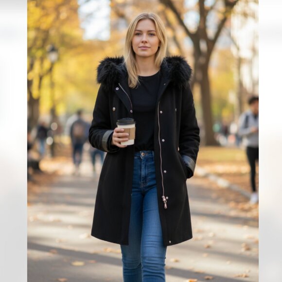 NWT MARC NEW YORK ANDREW MARC WOOL BLEND FAUX FUR COAT BLACK SMALL - Picture 1 of 7